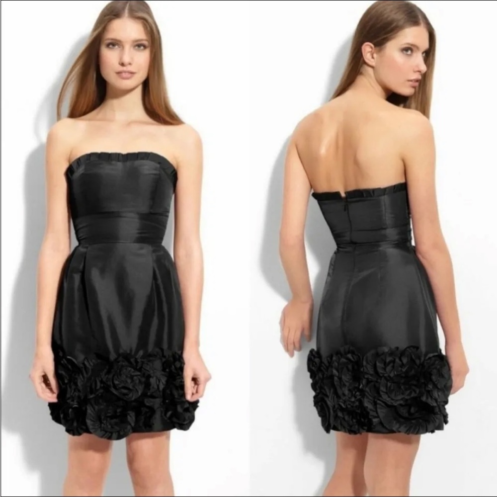 Max & Cleo Strapless Black Rosette Hem Cocktail Dress